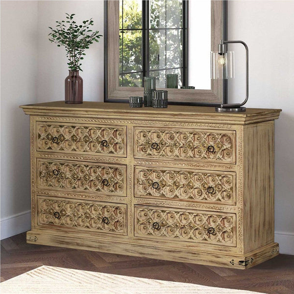 SUTE Hand Carved Six Drawers Solid Mango Wood Dresser