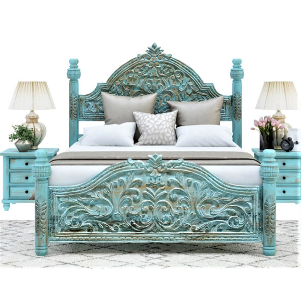 Hand Carved Turquoise Solid Mango Wood Platform Bed Frame