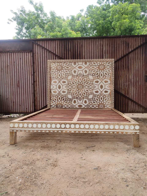 Geometric Floral Design Handmade Wooden Bed-Hibashi Furniture