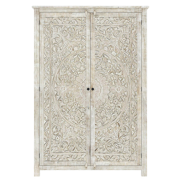 Sunflower Hand carved Solid Wood Large White Wardrobe Armoire