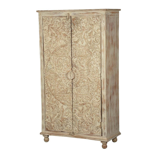 Alona Hand carved Solid Wood Distressed White Armoire w Shelves