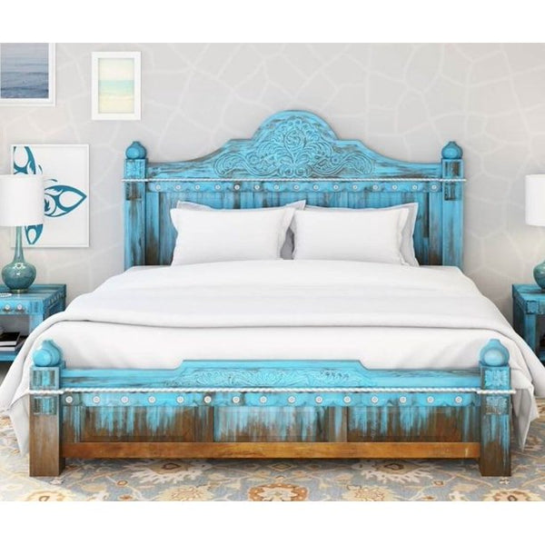 Hand Carved Blue Wash Solid Mango Wood Platform Bed