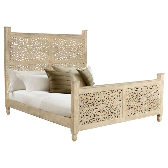 Peony Design Hand Carved Indian Solid Wooden Bed Frame King/Queen.