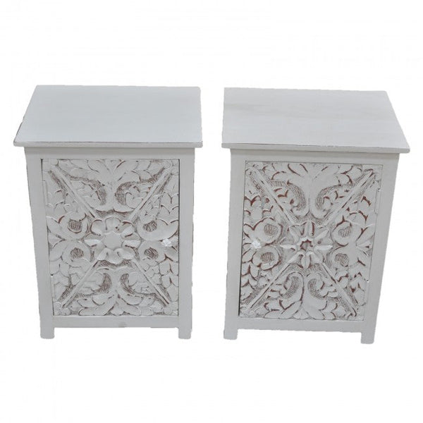 Indian Floral Design Hand Carved Wooden Bedside Table/ Hand Made Nightstand